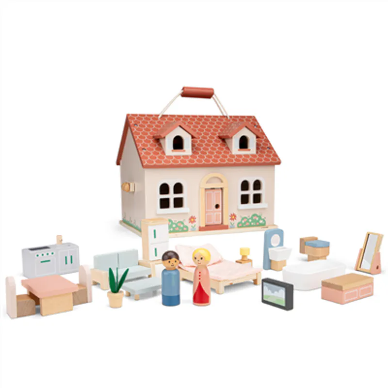 New Classic Toys Bærbart Dukkehus i Tre med Figurer og Møbler