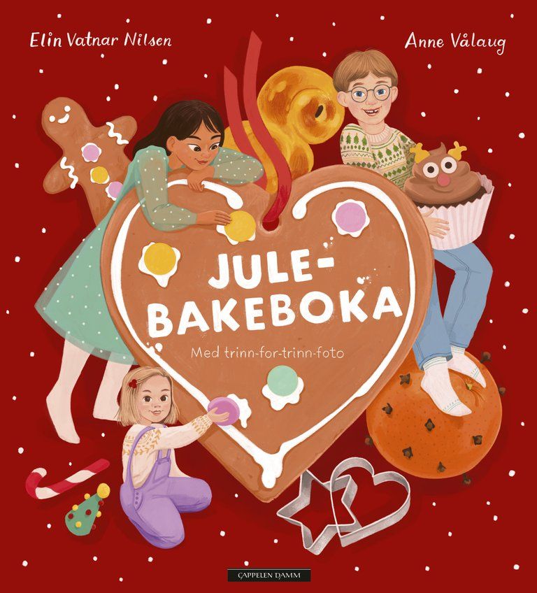 Omslaget på barneboken Julebakeboka av Elin Vatnar Nilsen, en koselig og fargerik julebakebok for barn utgitt av Cappelen Damm.