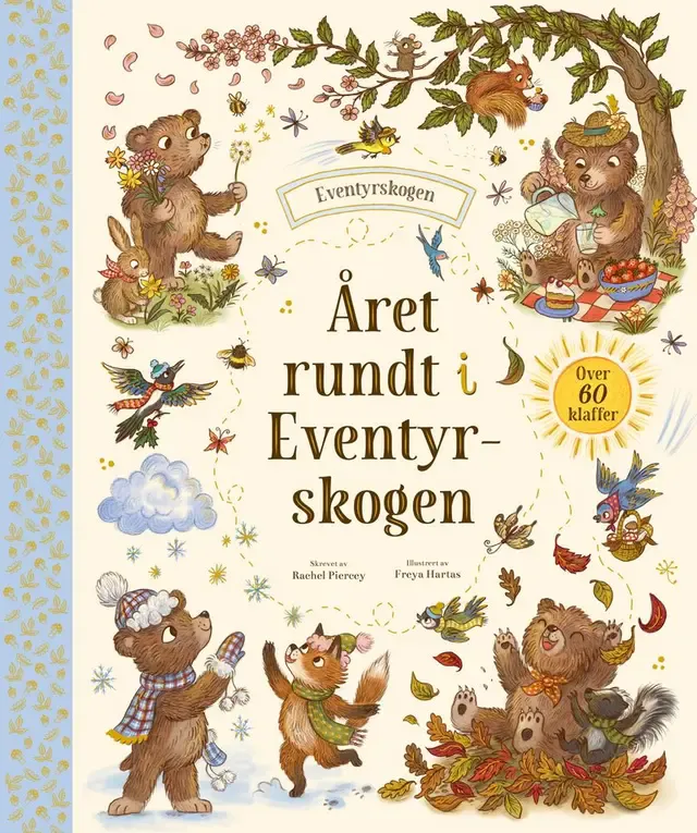 Omslaget på den interaktive barneboken Året rundt i Eventyrskogen av Rachel Piercey, en fargerik klaffebok for barn utgitt av Fontini Forlag.